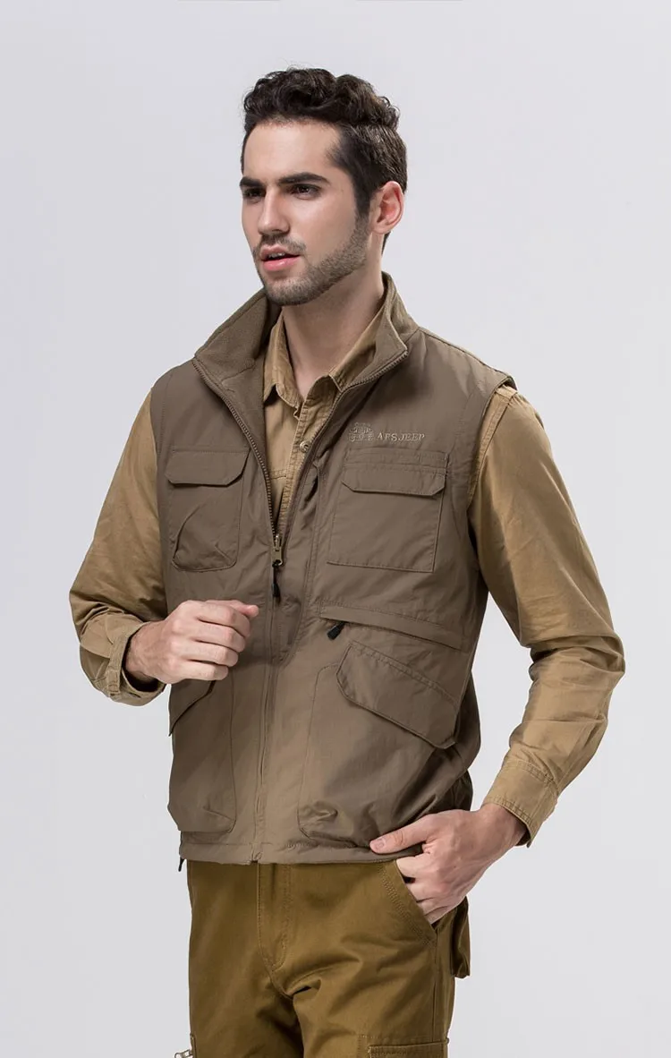 2015 Autumn Spring Casual Men Vest Coat Fleece AFS JEEP Cotton Multi Pocket 4XL Cargo Outdoor Sleeveless Jackets Waistcoat Vests (6)
