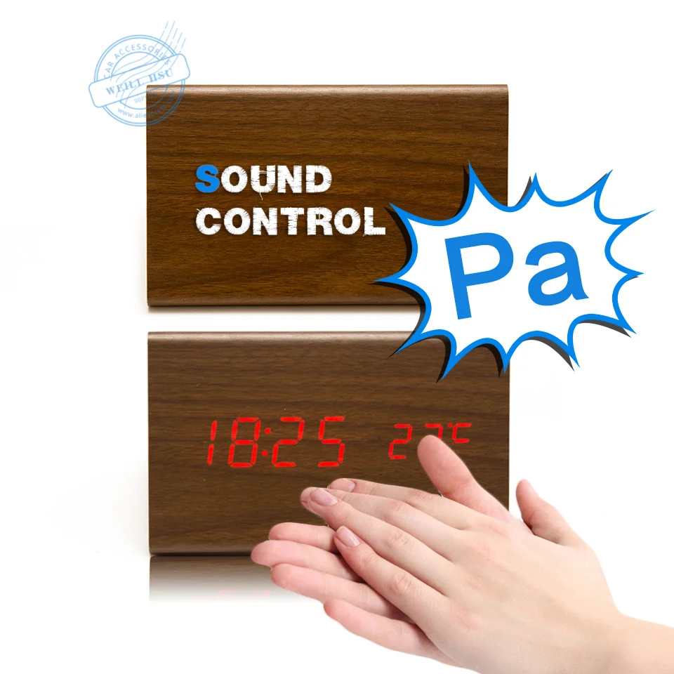 

Wooden Wood Desk 3 Alarm Clock Sounds Voice Control LED Desktop Digital Table Temperature Date Clocks