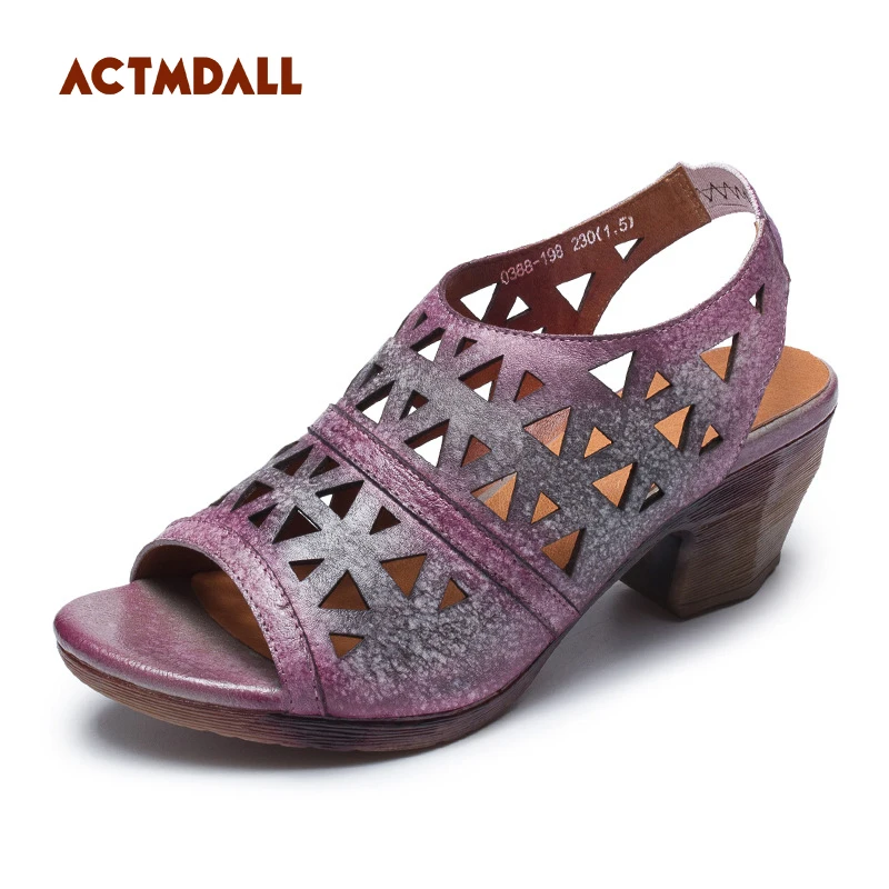 

Retro leather high heeled women sandals summer shoes 2018 Rome style cowhide hollowed sandals thick heel