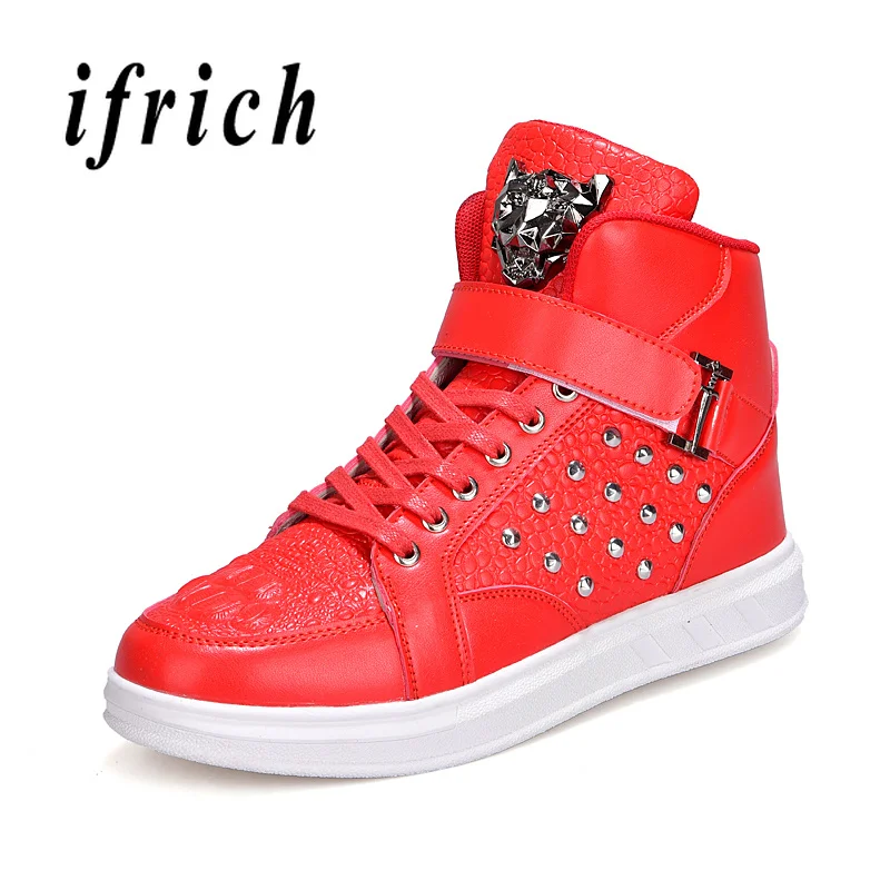 

Popular 2019 Men Casual Flats Shoes High Top Fashion Mens Shoes Luxury Designer Walking Shoes Men Original Rivet Casual Sneakers