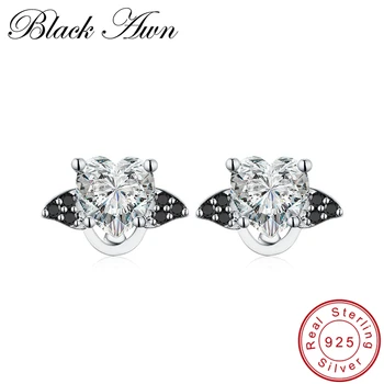 

[BLACK AWN] 925 Sterling Silver Earrings Trendy Heart Black Spinel Engagement Earrings for Women Female Silver 925 Jewelry T187