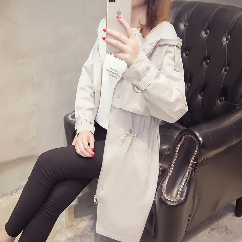 Light grey Весна осень женский модный Тренч Женский Тонкий ветровка с Капюшоном Повседневный длинный рукав женское пальто Верхняя одежда - Цвет: Light grey