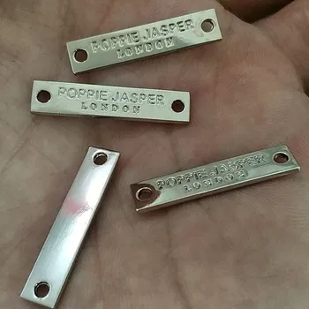 

1000PCS , 2.7 * 0.6 cm Custom Silver color clothing metal label Zinc alloy hand sewing tags 2 holes