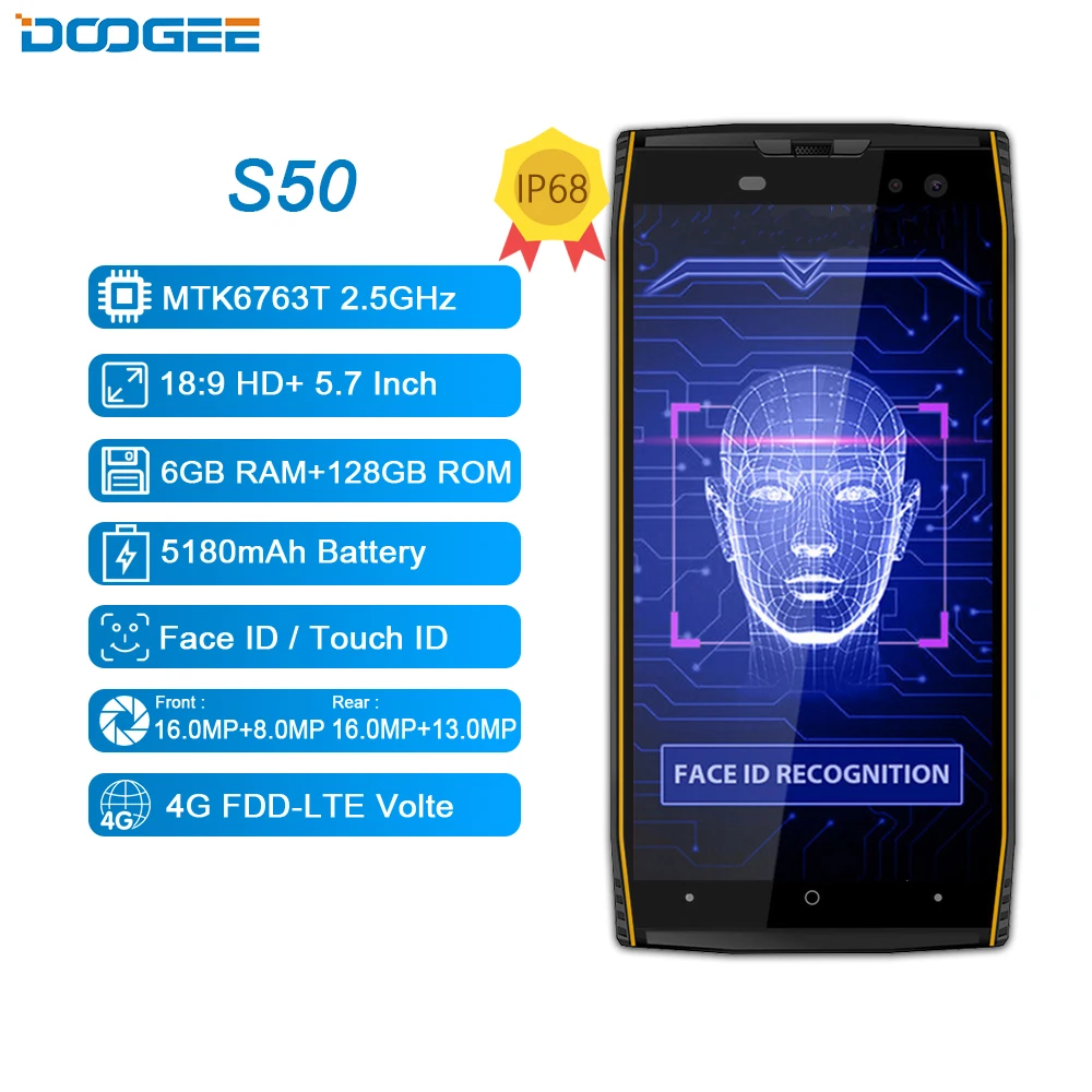 DOOGEE S50 الذكي IP68 للماء 5180 mAh سريع تهمة MTK6763T 2.5 GHz الثماني النواة 6 GB RAM 128 GB ROM رباعية كاميرات 16.0MP