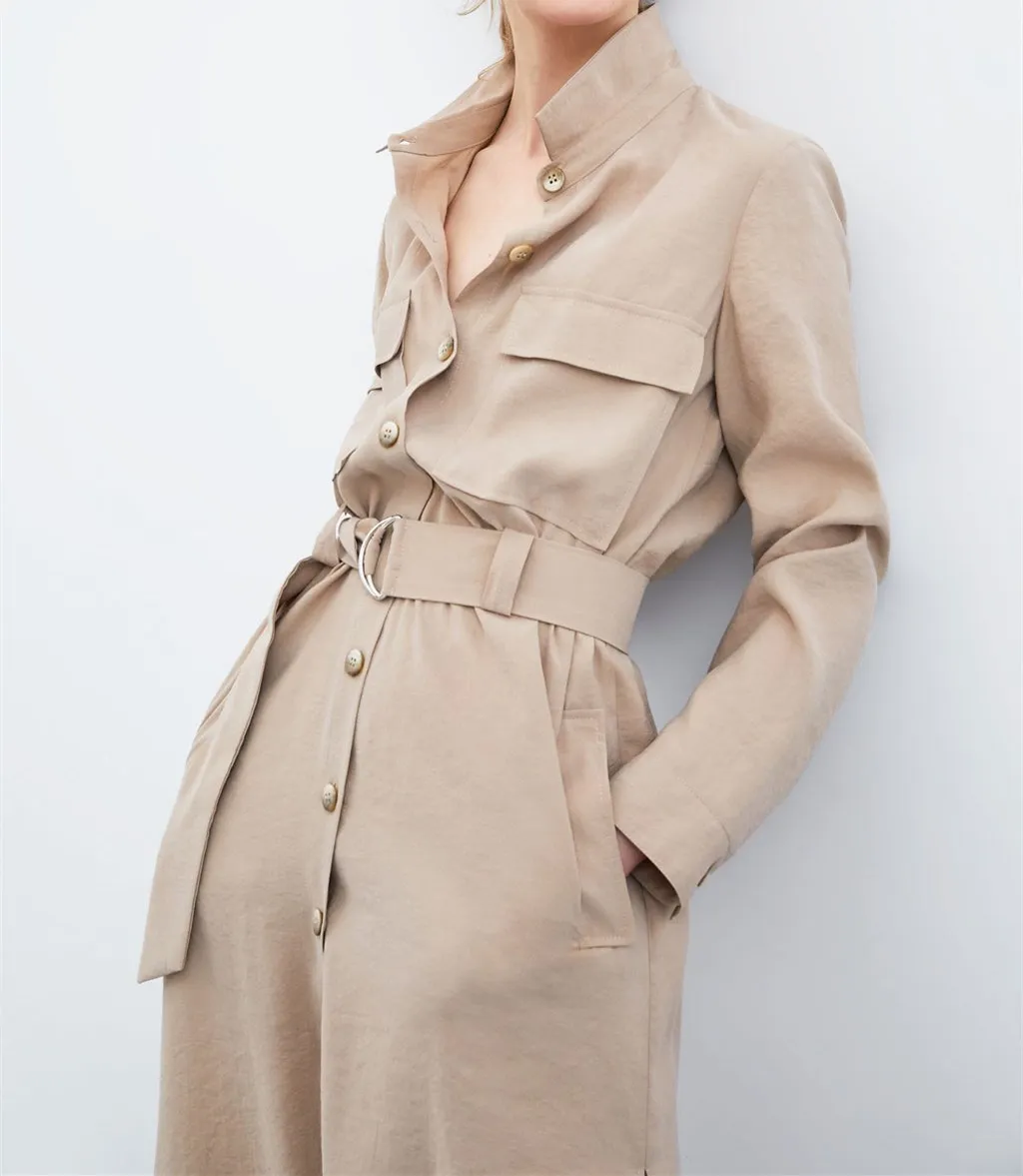 2019 Spring Summer Women Long Sleeve Pocket Casual Trench Turn-Down Collar Long Windbreaker Buttons Belt Solid Coats