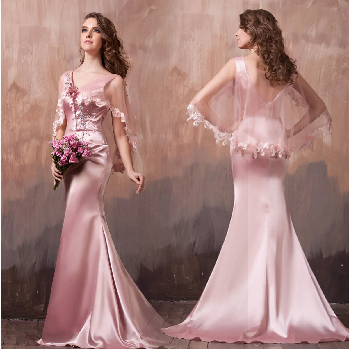 

free shipping 2013 bride elegant V-neck fish tail new fashion sexy holiday vestidos formales long pink evening gowns crystal