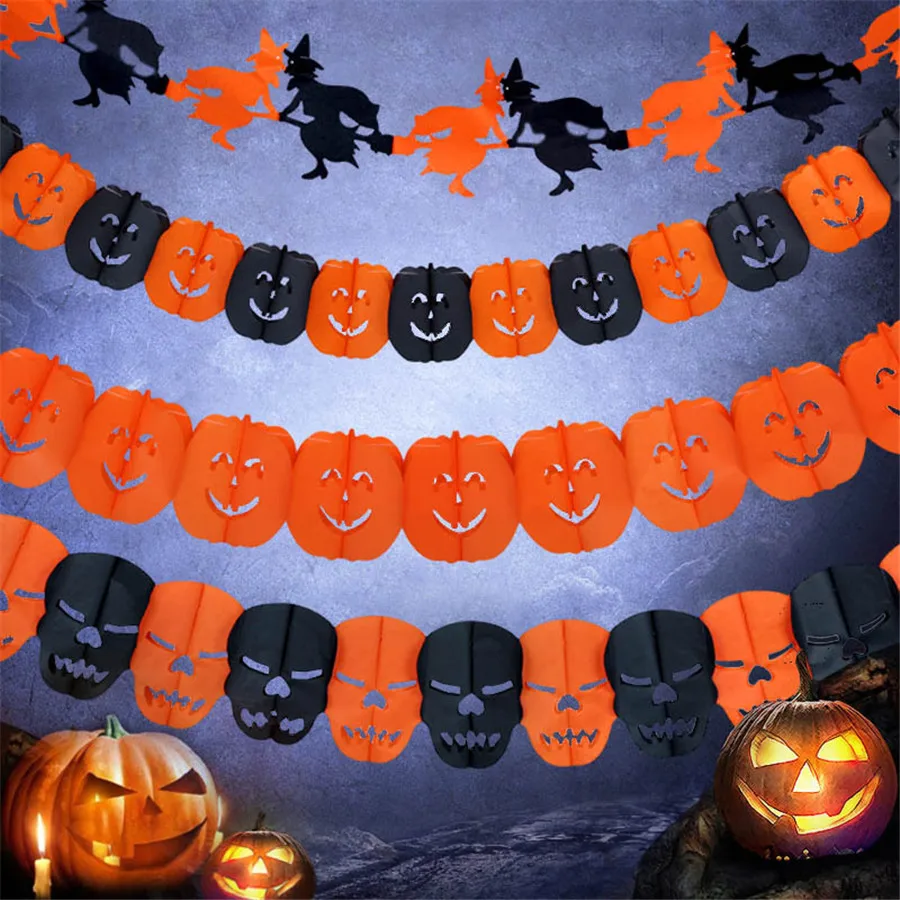 Halloween Paper Chain Garland Decoration Pumpkin Bat Ghost Spider Skull Pattern 