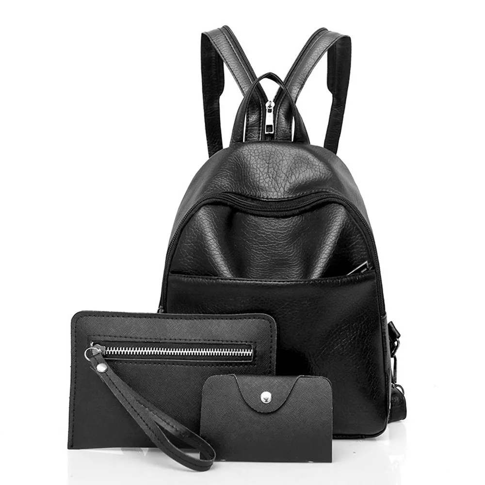 CONEED 2018 Fashion Ladies Leather three-piece Backpack Shoulder Bag Purse Black High Quality Women Backpack  Oc17