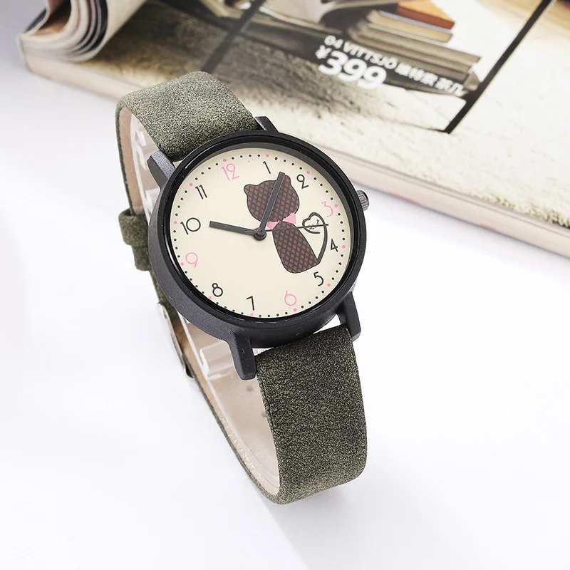 Модные Повседневные кварцевые женские часы с милым кошачьим циферблатом, простой женский браслет, женские часы с матовым кожаным ремешком, наручные часы для женщин