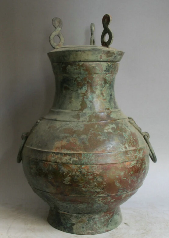 

S2129 18" Old Chinese Bronze Beast Head handle food water vessel portable Pot kettle D0318