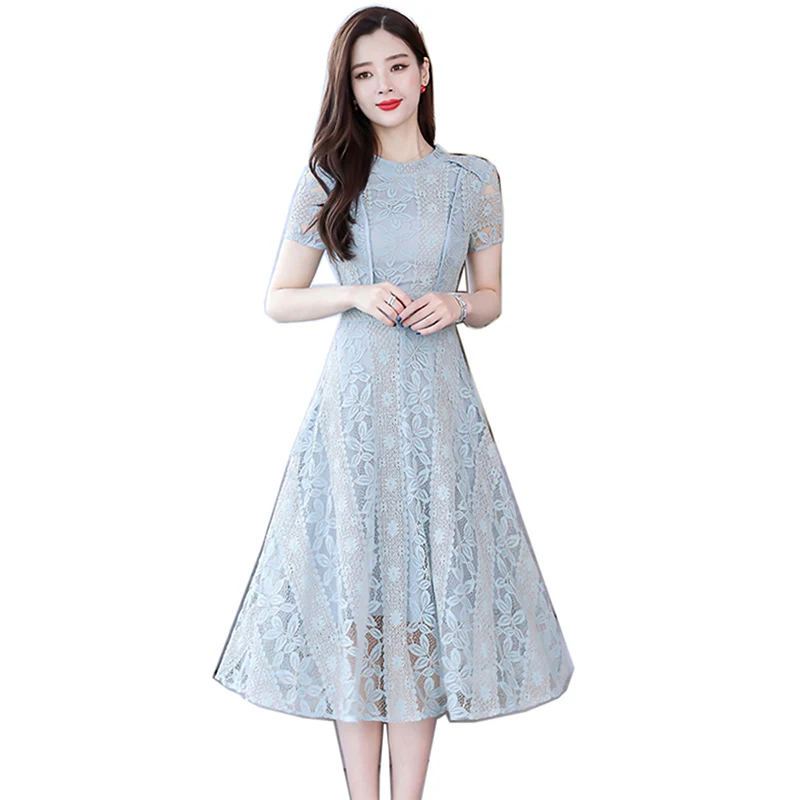 

2019 Pink Lace Dress Party Cute Women Elegant Midi Fairy Dresses Women Sexy Hollow Out Flower Slim Waist Summer vestidos