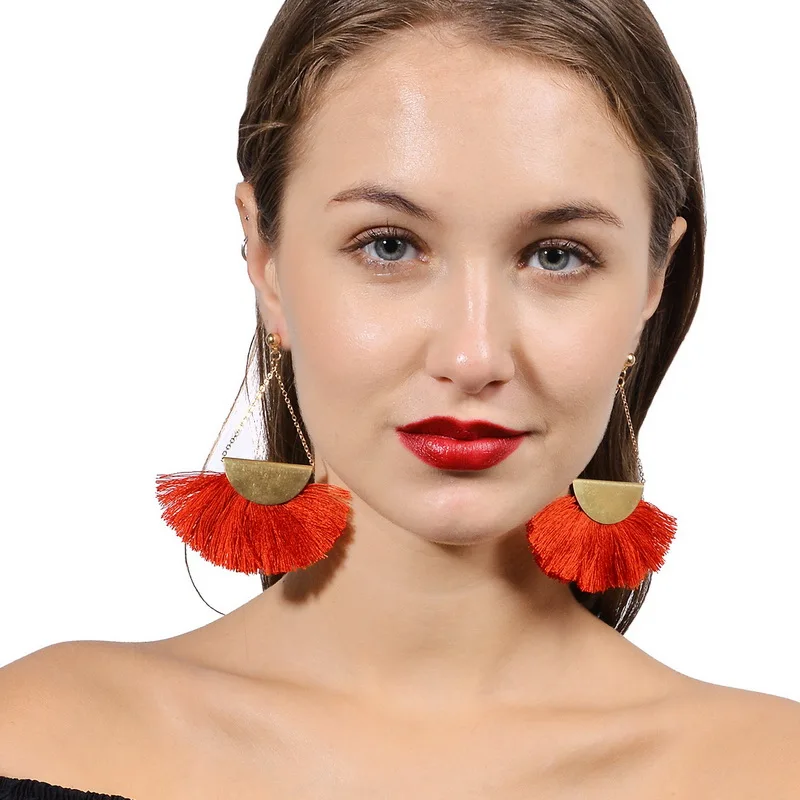 Elegant Ethnic Fan Shaped Tassel Dangle Earrings for Women Bohemia