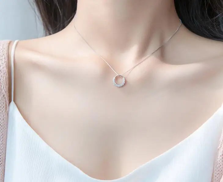 

12MM 100% real 925 Sterling Silver Fine Jewelry Lucky Circle with white cz set Pendant Necklace GTLX1613