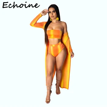 

Echoine Sexy Print 3 Piece Set Swimwear Cloak + Crop Top + Short Pants Strapless Women Piece Outfits Swim Suits 5 Color