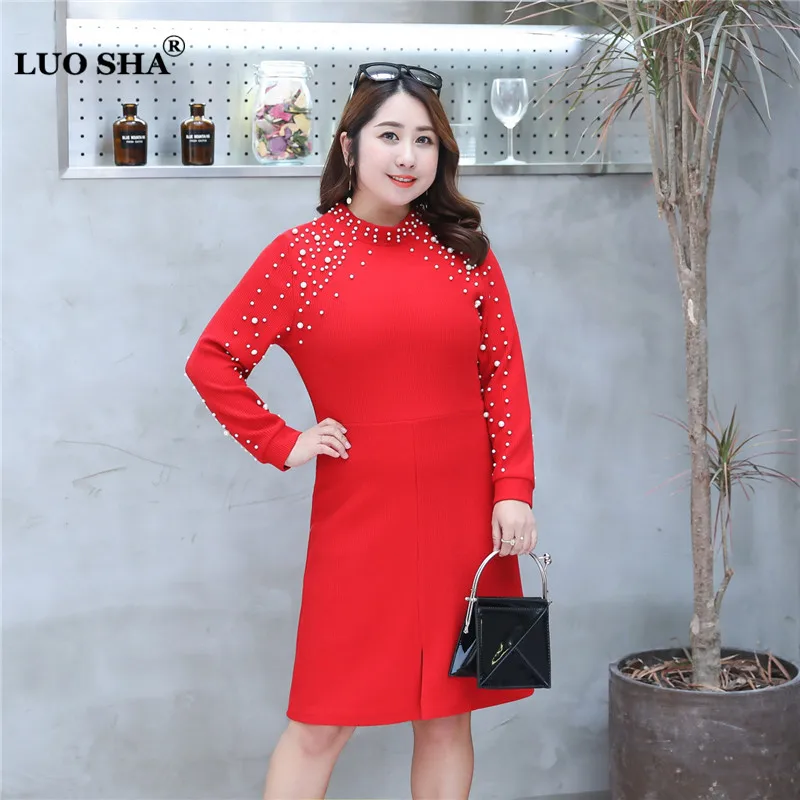 

LUO SHA Women Sweater Beading Pearls Knitted Tops Plus Size Female Pullovers Long Sweater Women Sweaters and Pullovers