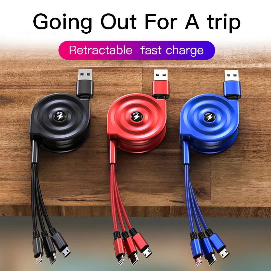 !ACCEZZ 3 in 1 Retractable USB Cable For iPhone XS XR Micro USB Type C TPE Fast Charging For Samsung Xiaomi Huawei Android Phone (3)