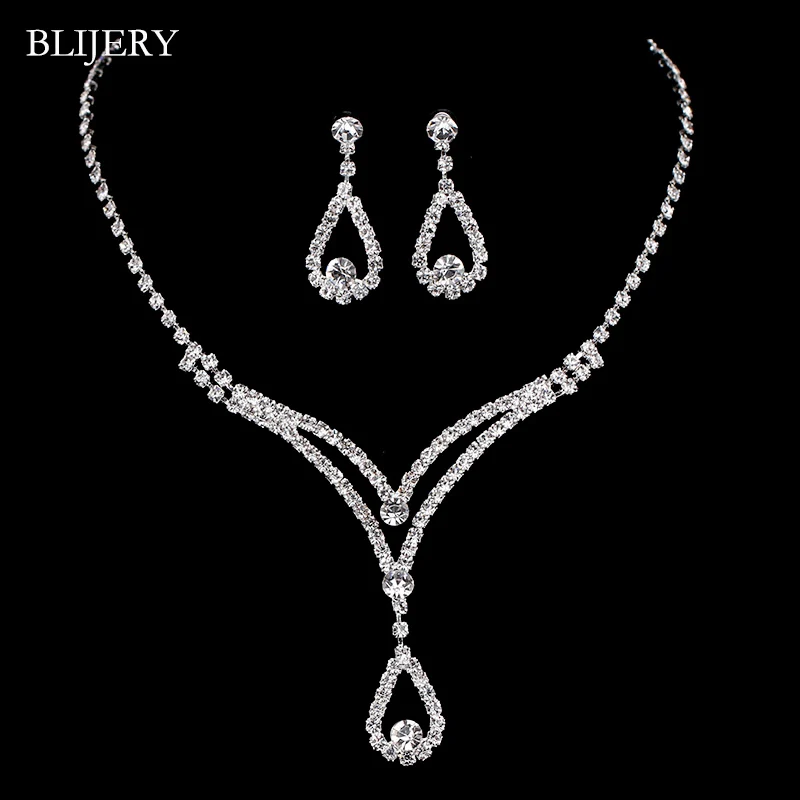 BLIJERY простой стиль Кристалл Свадебные Ювелирные наборы серебряного цвета ожерелье со стразами Комплект сережек для женщин наборы свадебных ювелирных изделий - Окраска металла: 07J01
