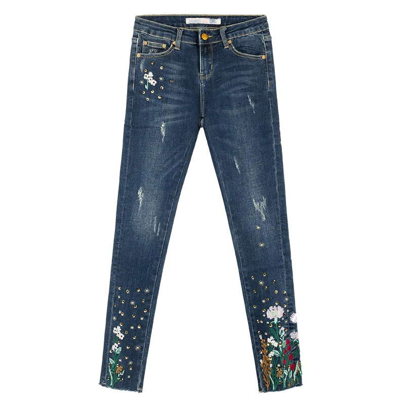 Демисезонный повседневное для женщин вышивка карандаш стрейч поцарапанные синие джинсы мотобрюки, женские осенние узкие ботильоны длина
