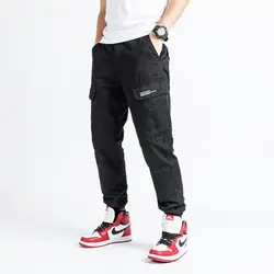 Японский стиль модные мужские джинсы Slack Bottom черный цвет свободный крой большой карман брюки карго уличная хип хоп Джоггеры для мужчин