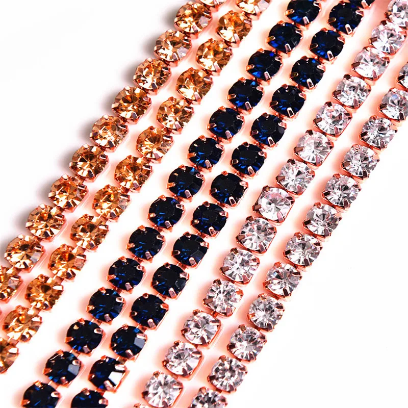 

5yard/lot Big size colorful Crystal Rhinestone cup Chain SS28 Plating Rose gold for DIY Jewelry Craft Apparel Sew On Accessoires