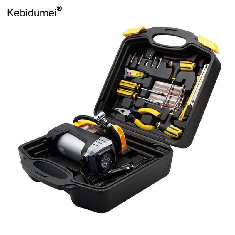

12V Automobile Tire Inflator Electric Pump Car Air Compressor Portable Inflatable Pump with Tire Repair Tools Set Box Flashlight