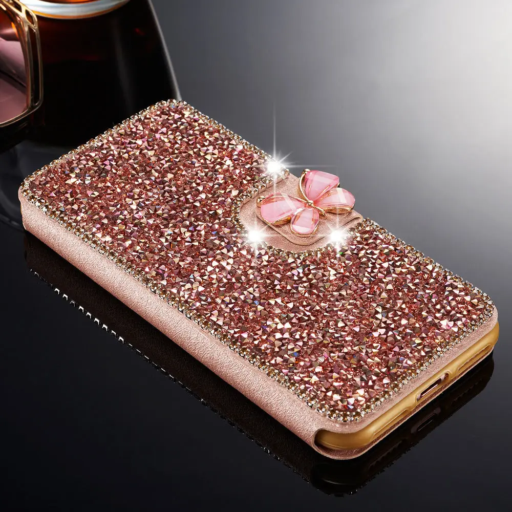 CreatValu Luxury Crystal Bling Diamond Rhinestone Flip PU Leather Wallet Case Cover for Apple