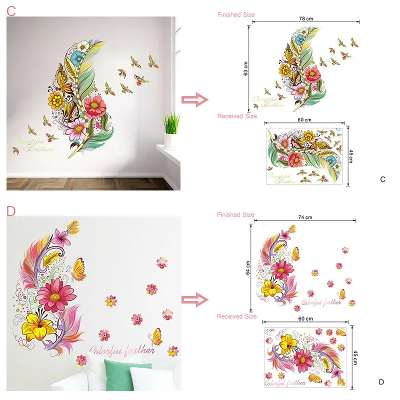 Красочные 3d яркие перья бабочки птицы цветок наклейки на стену украшение дома гостиная ПВХ Наклейки на стены diy Фреска Искусство poste