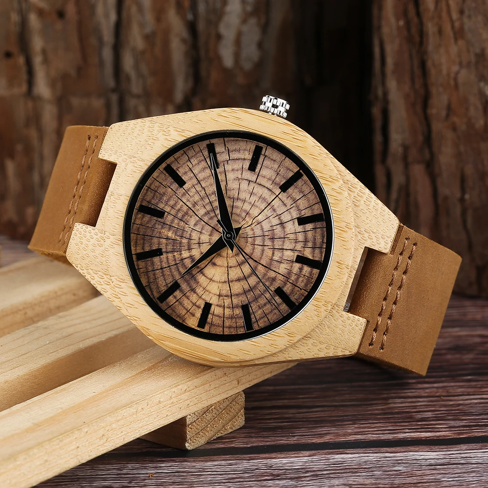 Growth Ring Dial Women Bamboo Wood Watch Brown Geunine Leather Strap Men Female Wooden Quartz Watches Handmade Wood Clock Reloj (22)