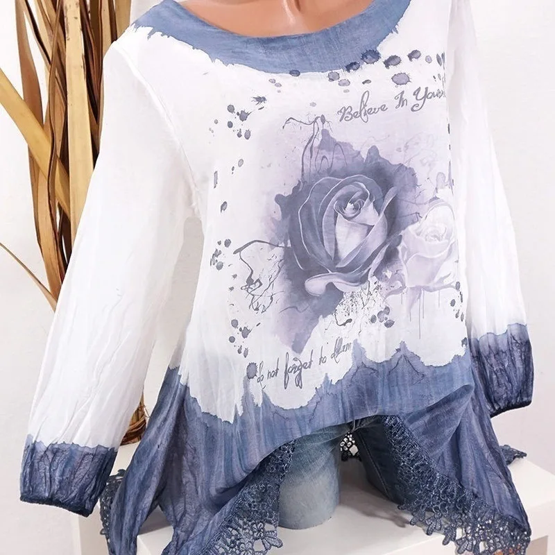  2019 autumn new large size Women's Blouse casual round neck long-sleeved shirt printing loose hollo