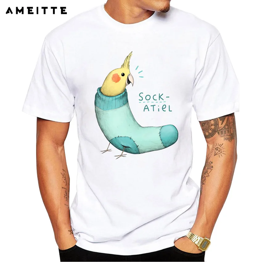 

AMEITTE Funny Creative Sockatiel Bird Design T-Shirt Men's Cute Parrot Print T Shirt High Quality Hipster Male Tops Tee