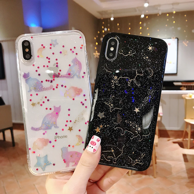 

Glitter Summer Cartoon Transparent Soft Phone Case For iphone 6 7 8 plus X XS XR XSMAX Cute TPU Soft Phone Back Cover