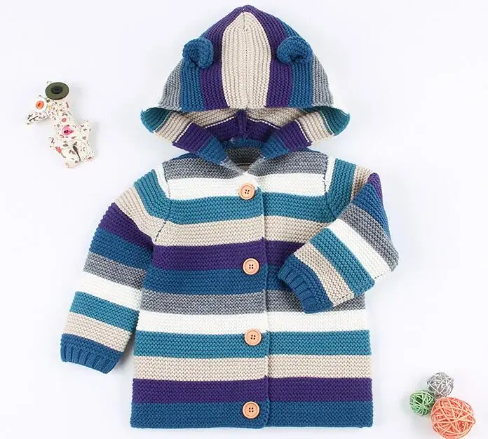 Зимние Свитера для маленьких девочек, кардиганы, Осенние вязаные куртки с капюшоном для новорожденных мальчиков, детская одежда с длинными рукавами и рисунком медведя - Цвет: Blue