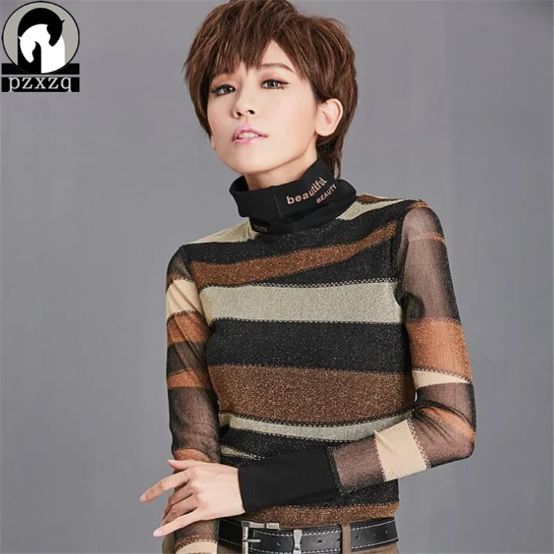 

New Arrivals Sexy Transparent Bright Silk Letter Stripe Women Turtleneck Mesh Shirt Female Party Club Slim Blusas Tops