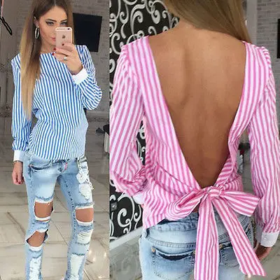

Fashion White Striped Open Back Sexy tops Cute Women Blouse Long Sleeve Shirt 2019 Hot Sale Women Summer Clothes plus size