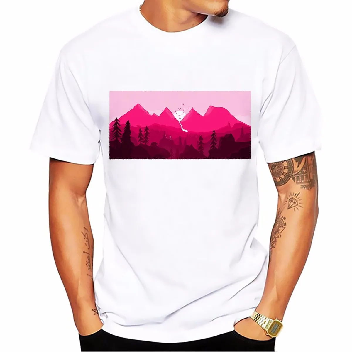 Setting sun red mountain Impression painting t shirt Men's