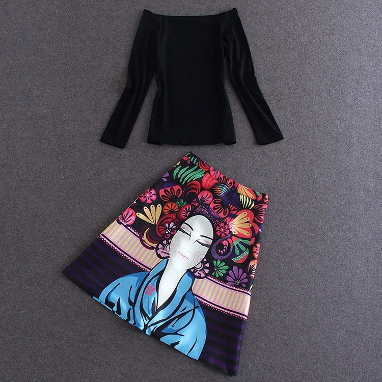 Женский красочный комплект-двойка, черная блузка с косым воротником и пестрая юбка с мультяшным принтом, весна