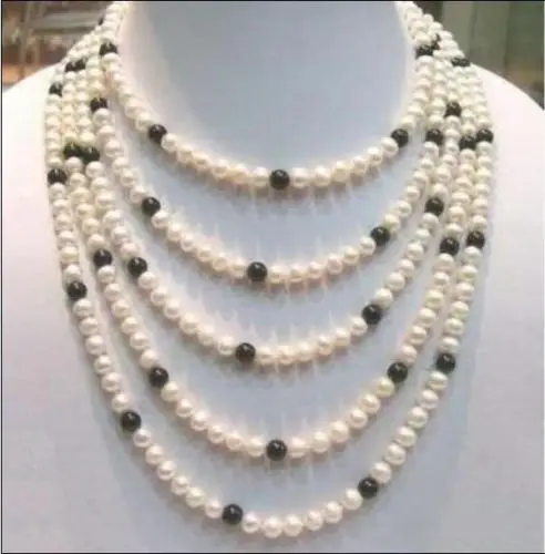 

7-8MM NATURAL SOUTH SEA WHITE + BLACK AKOYA PEARL NECKLACE 100INCH free shipping