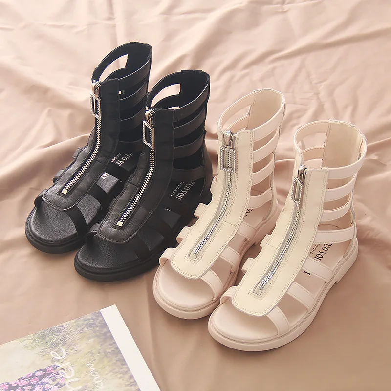 

MHYONS Girls Roman shoes 2019 summer new children's boots Korean leather boots front zipper children's hollow boots