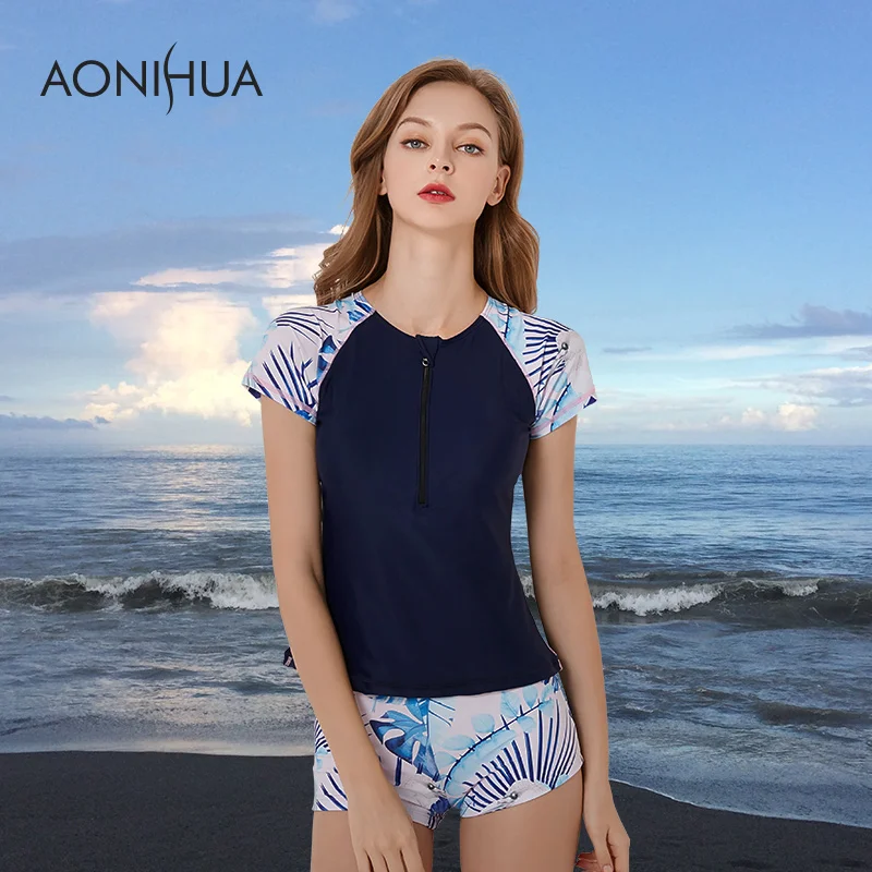 AONIHUA Two Pieces Swimsuits Plus Size Sleeve Zipper Printed Leaf Swim