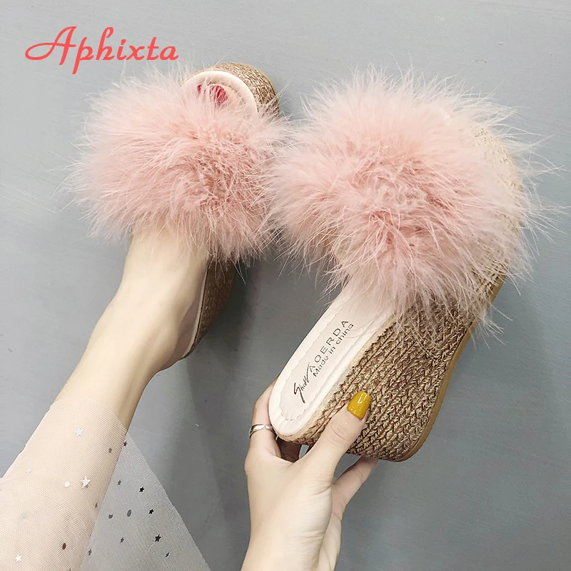 Aphixta/женские шлепанцы на каблуке 9 см; женские шлепанцы; шлепанцы на платформе с искусственным мехом; женская обувь на платформе; пляжные сандалии; zapatos mujer
