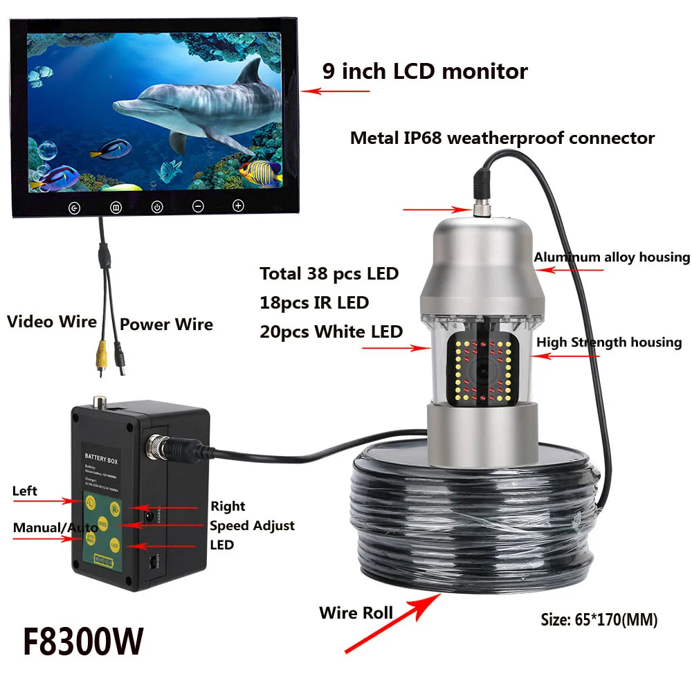 GAMWATER 9 Inch Underwater Fishing Video Camera Fish Finder 38 LEDs 360 Degree Rotating Camera 20m 50m 100m