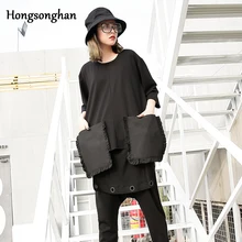 Hongsonghan новая личность количество кружева карман круглый воротник, футболка с короткими рукавами женский большой размер, свободного кроя с рукавом три четверти рубашка с рукавами прилив