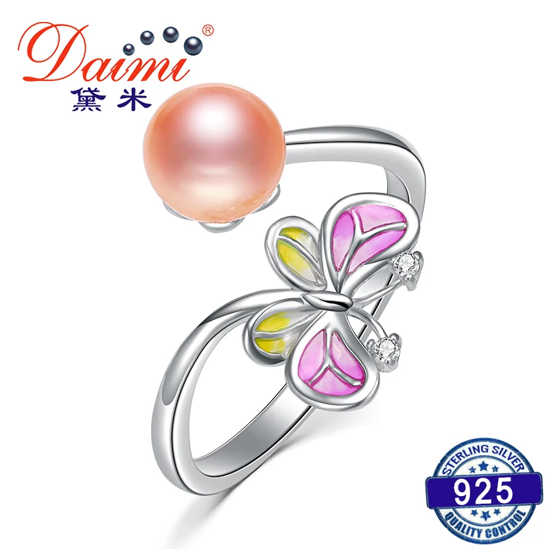 

DAIMI Butterfly Ring S925 Sterling Silver Ring 7-8mm Pink Freshwater Pearl Semiround Pearl Romantic Fine Jewelry For Women