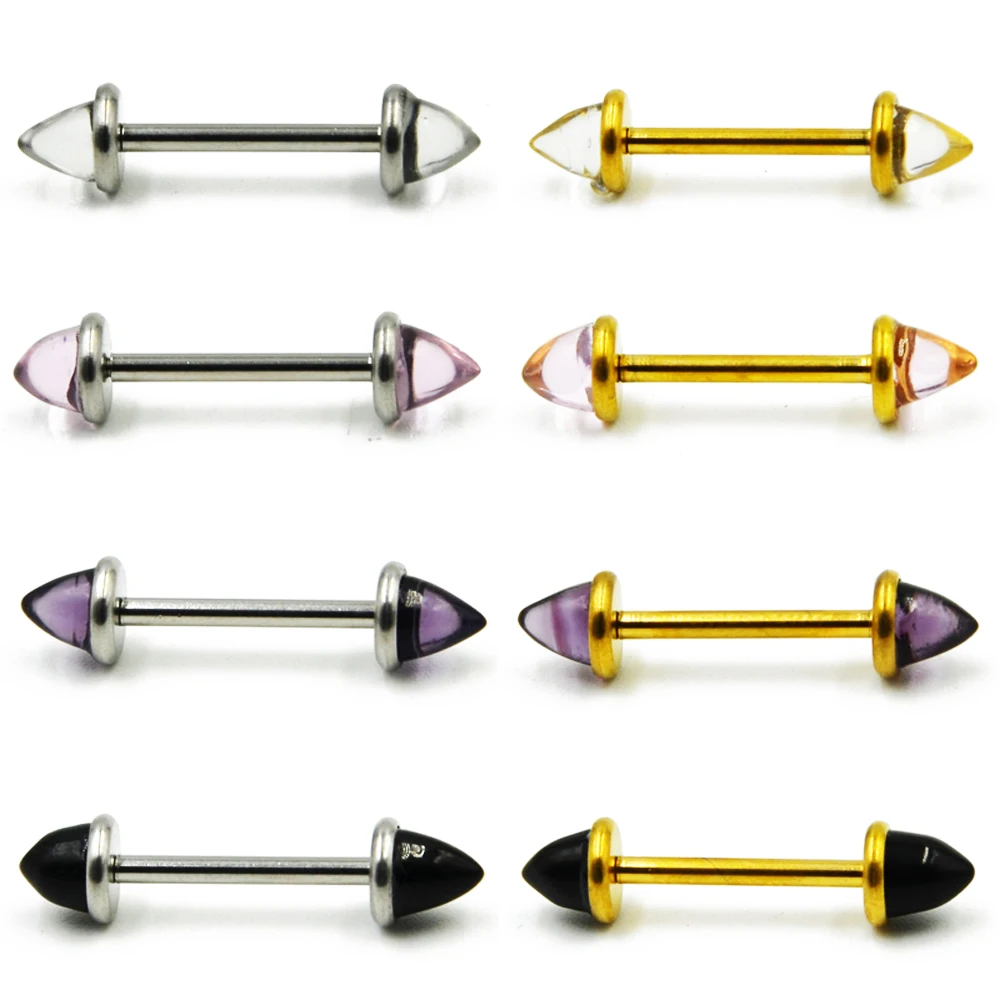 2PCS 14g Crystal Cone Glass Gold&steel Internally Thread Nipple Barbell
