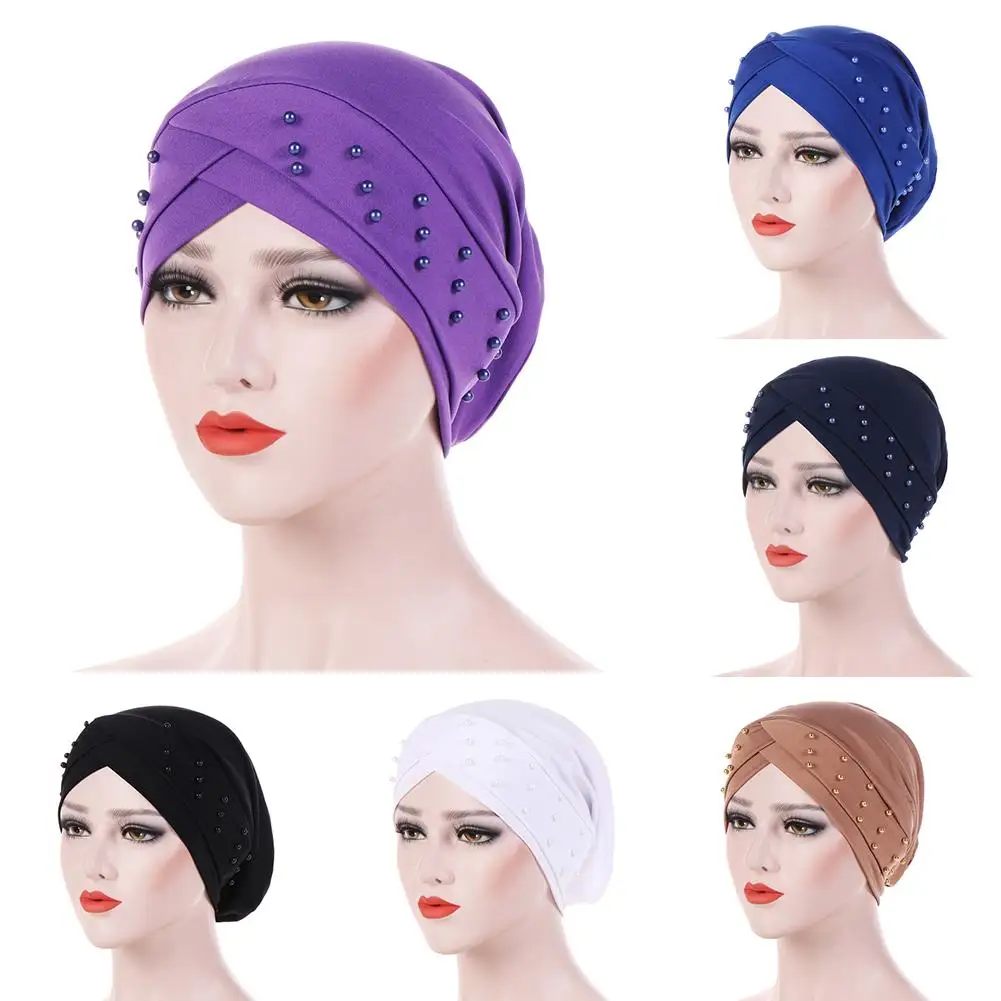 

Women Beads Elastic Turban Hat Muslim Cancer Chemo Cap Hijab New Head Wrap