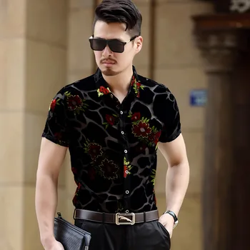 

Luxury Men Lace Shirt Club Party Prom Sexy Transparent Male Shirt Frolal Print Wedding Marriage Chemise Homme 3xl Lace Shirt