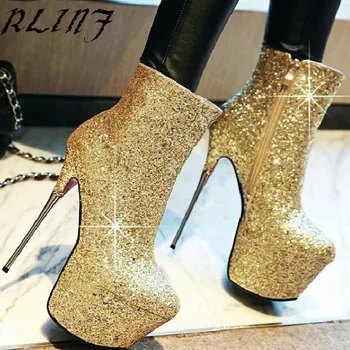 

New Designer RLINF Autumn and Winter Silver High-heeled Shoes with Waterproof Platform Steel Gold with 32-43 Size Code Boots