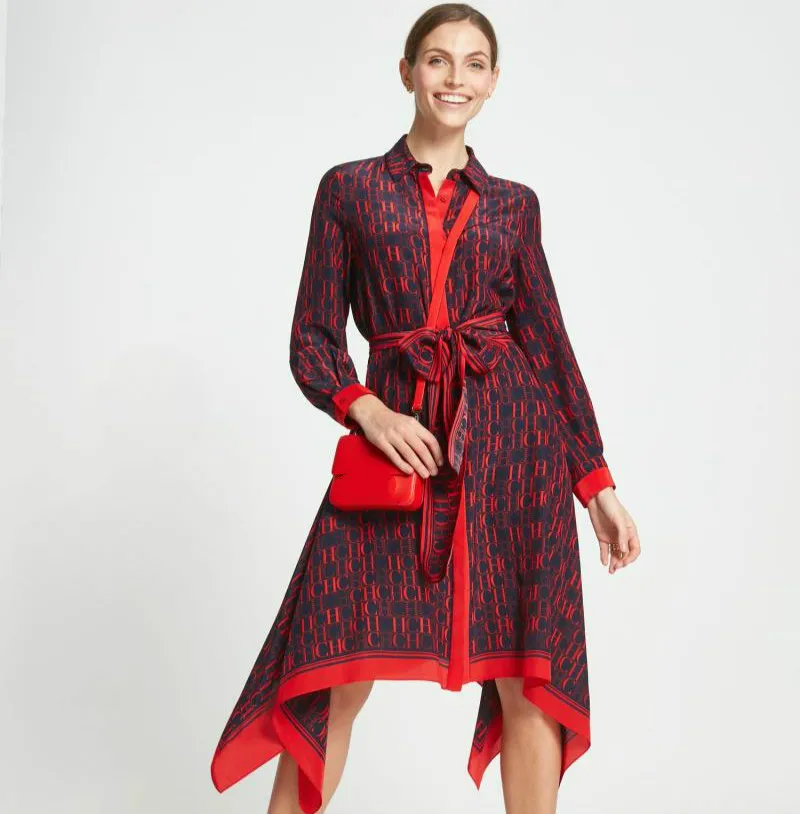 

Turn-Down Neck Tie the Sashes Fashion Women Dresses Vintage Single Breasted Printed Full Sleeves Asymmetrical Dress For Lady