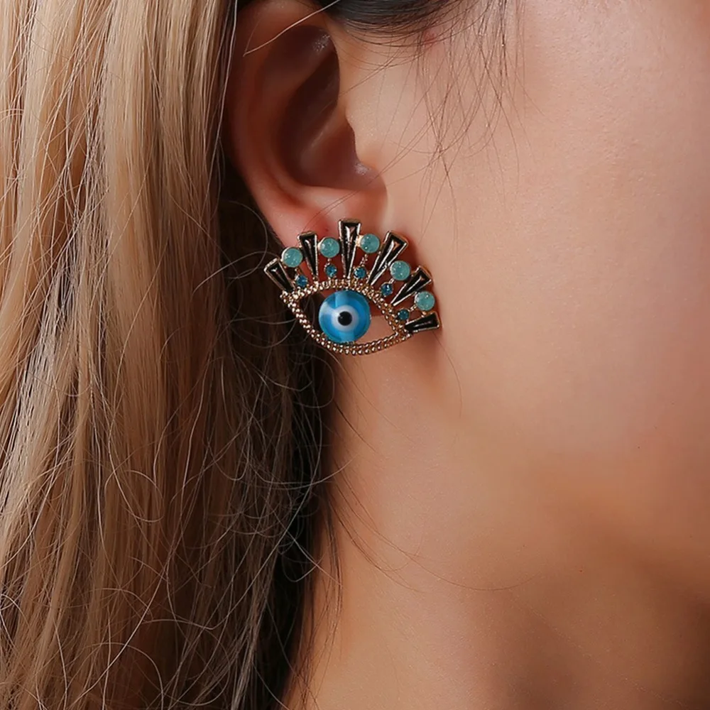Charming Big Blue Eye Shaped Stud Earrings Shiny Micro Crystals Paved