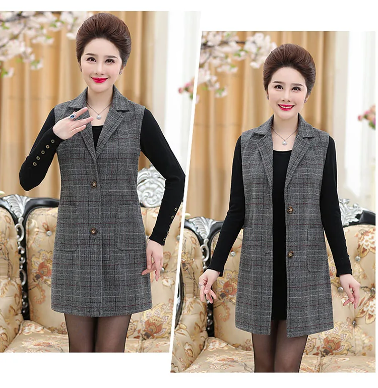 XL-5XL проверьте клетчатый Блейзер женщина зубчатый длинный льняной хлопок двубортный Блейзер костюм со складками повседневное осенняя куртка пальт